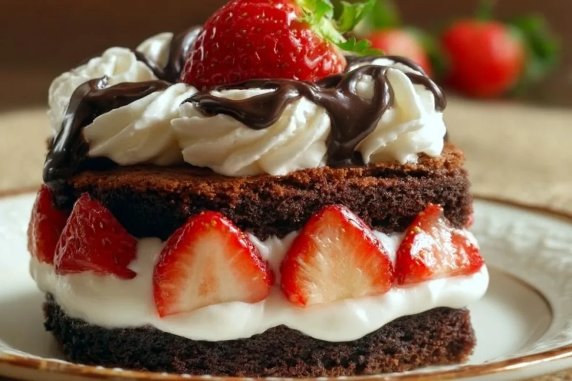 Delicious slice of easy chocolate strawberry shortcake topped with strawberries