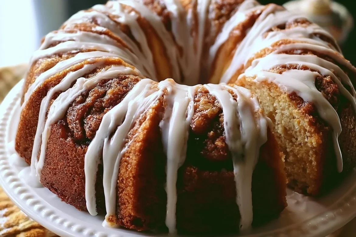 Delicious easy cinnamon roll bundt cake topped with icing