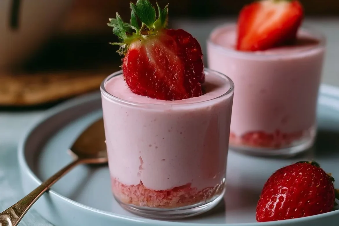 Delicious easy fresh strawberry mousse served in a bowl with strawberries on top
