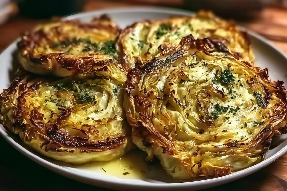 Plate of garlic butter cabbage steaks garnished with herbs
