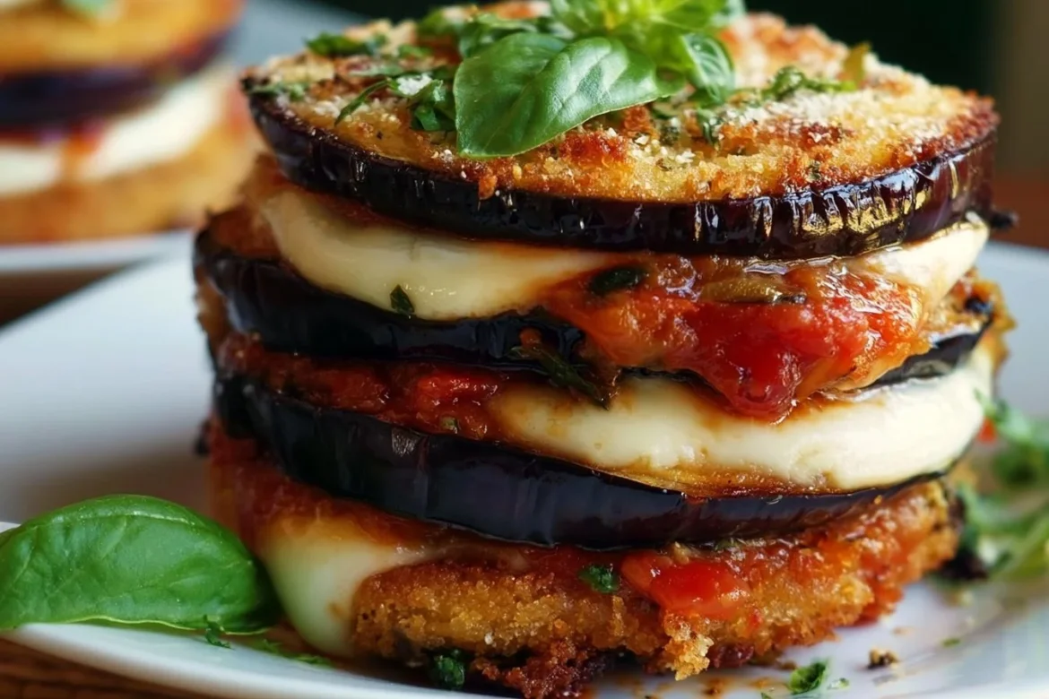 Delicious Eggplant Napoleon layered with cheese and tomato sauce