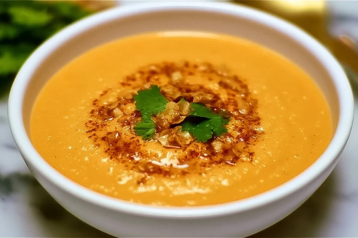 Bowl of Egyptian Red Lentil Soup garnished with herbs and spices
