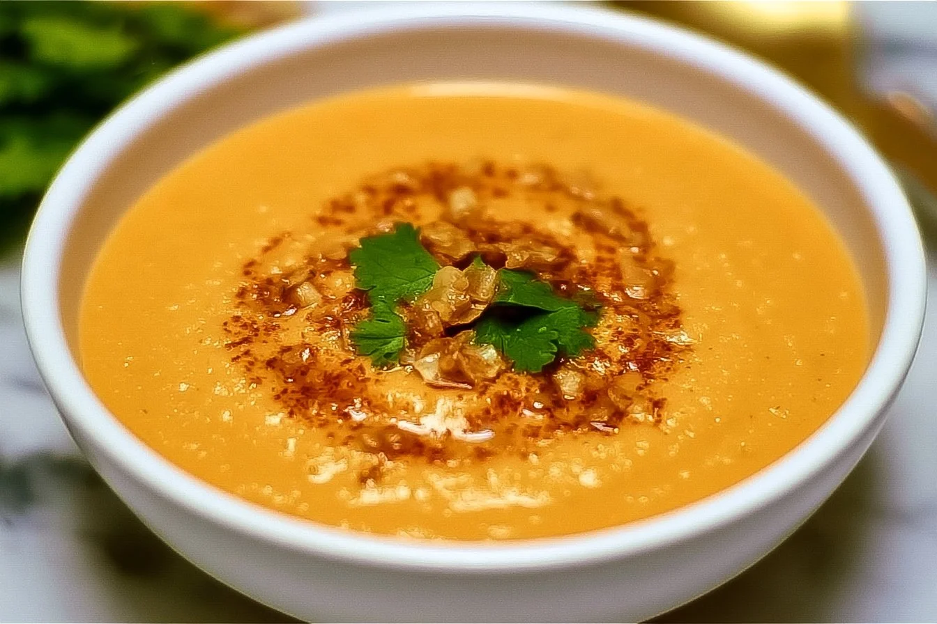 Bowl of Egyptian Red Lentil Soup garnished with herbs and spices