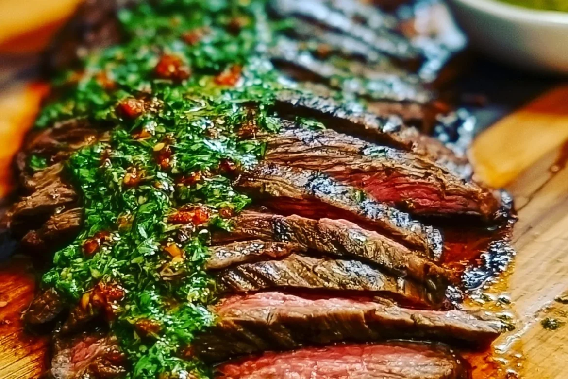 Grilled flank steak topped with fresh chimichurri sauce on a rustic plate
