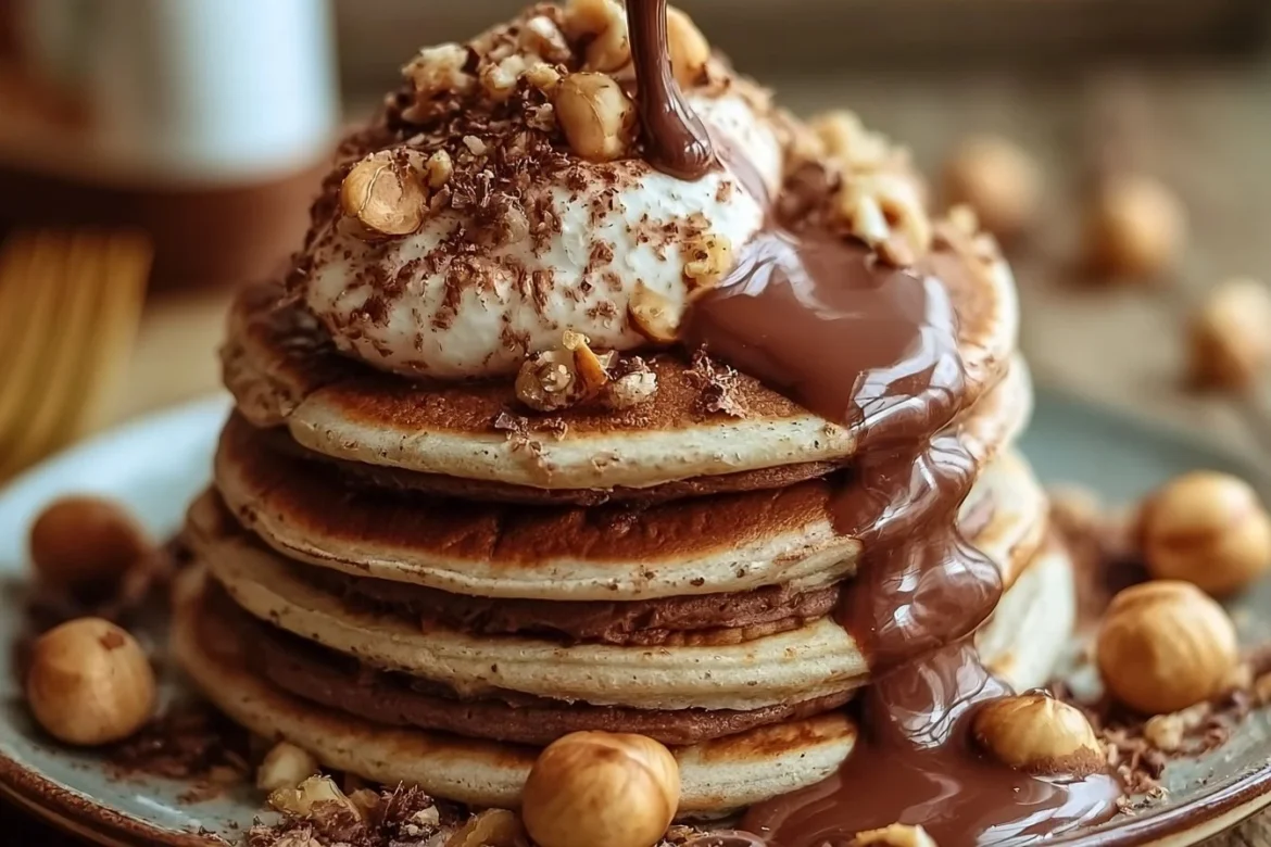 Fluffy chocolate hazelnut pancakes stacked with syrup and hazelnuts