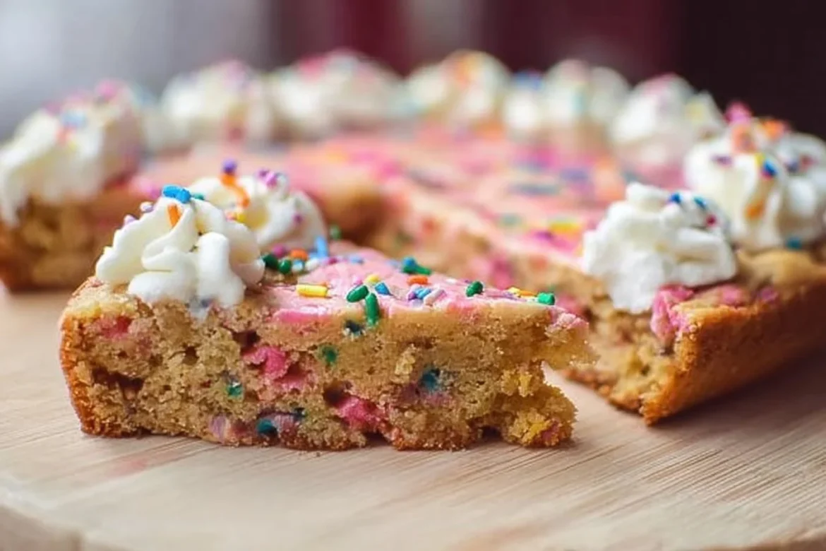 Delicious Funfetti Cookie Cake topped with colorful sprinkles