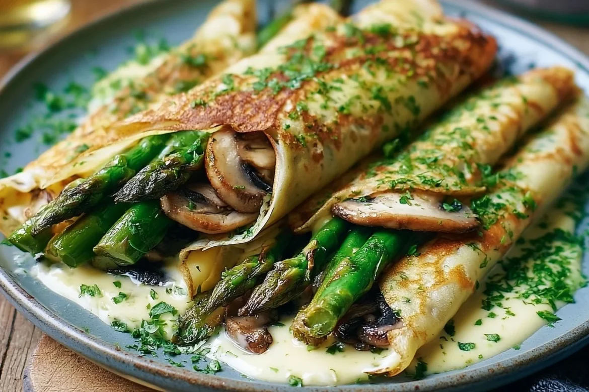 Garlic asparagus mushroom crepes served on a plate garnished with herbs