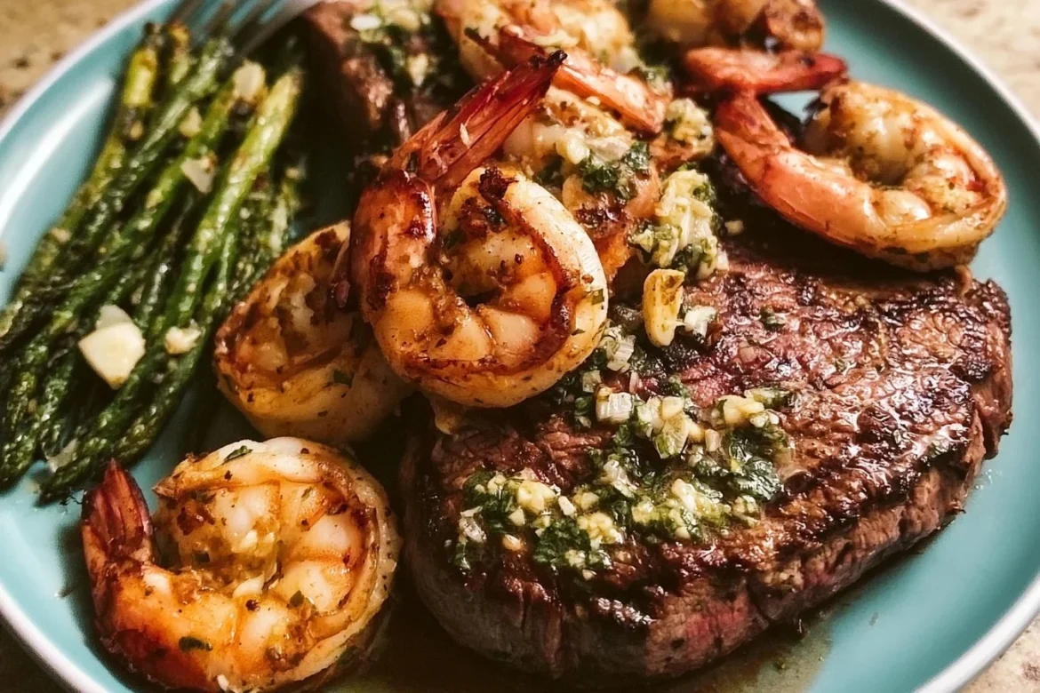 Delicious Garlic Butter Ribeye Steak and Shrimp served on a plate
