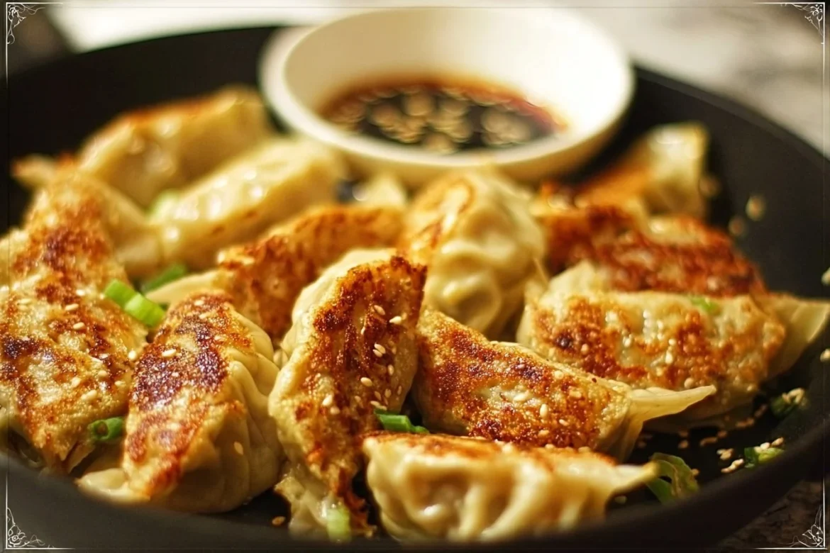 Delicious garlic ginger chicken potstickers served on a plate