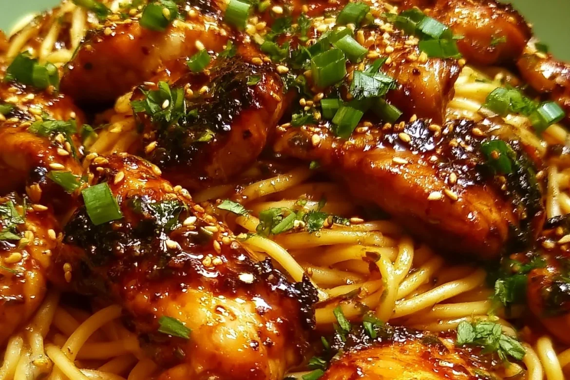 Plate of Garlic Noodles topped with Teriyaki Chicken and green onions.