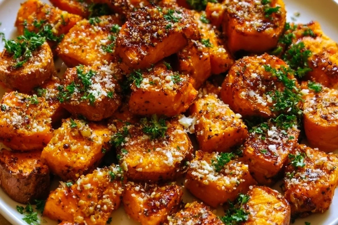 Crispy Garlic Parmesan Roasted Sweet Potatoes served as a savory side dish