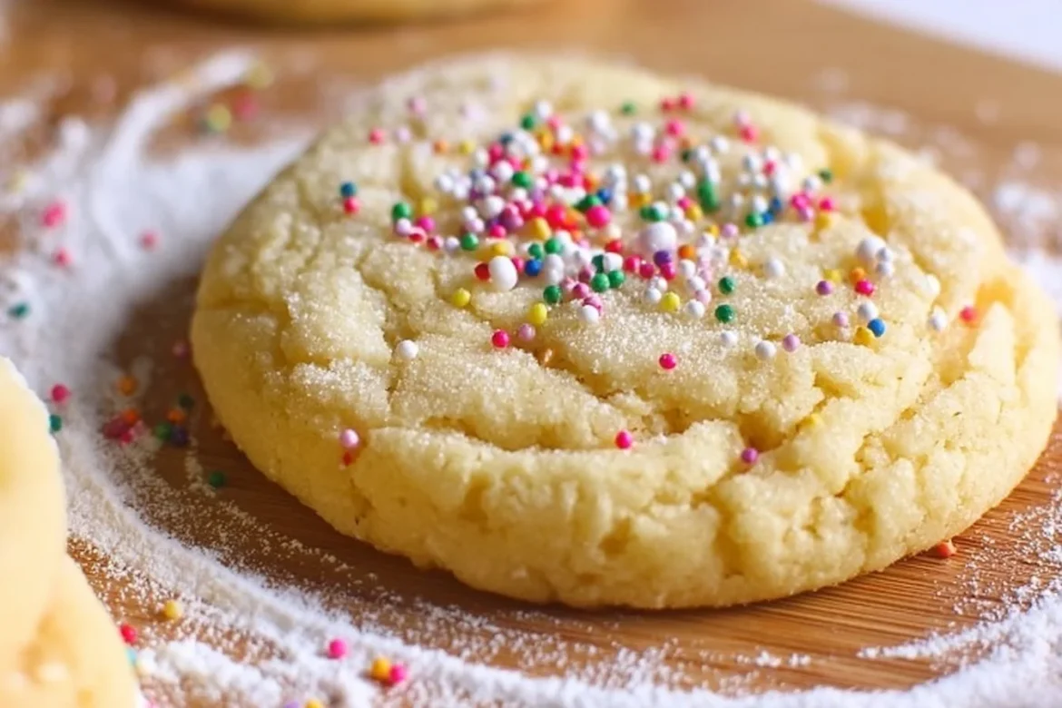 Delicious giant sugar cookie on a baking tray ready to be enjoyed