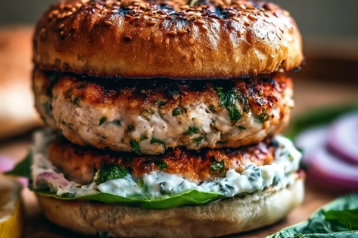 Delicious Greek Chicken Burgers served with fresh toppings on a plate