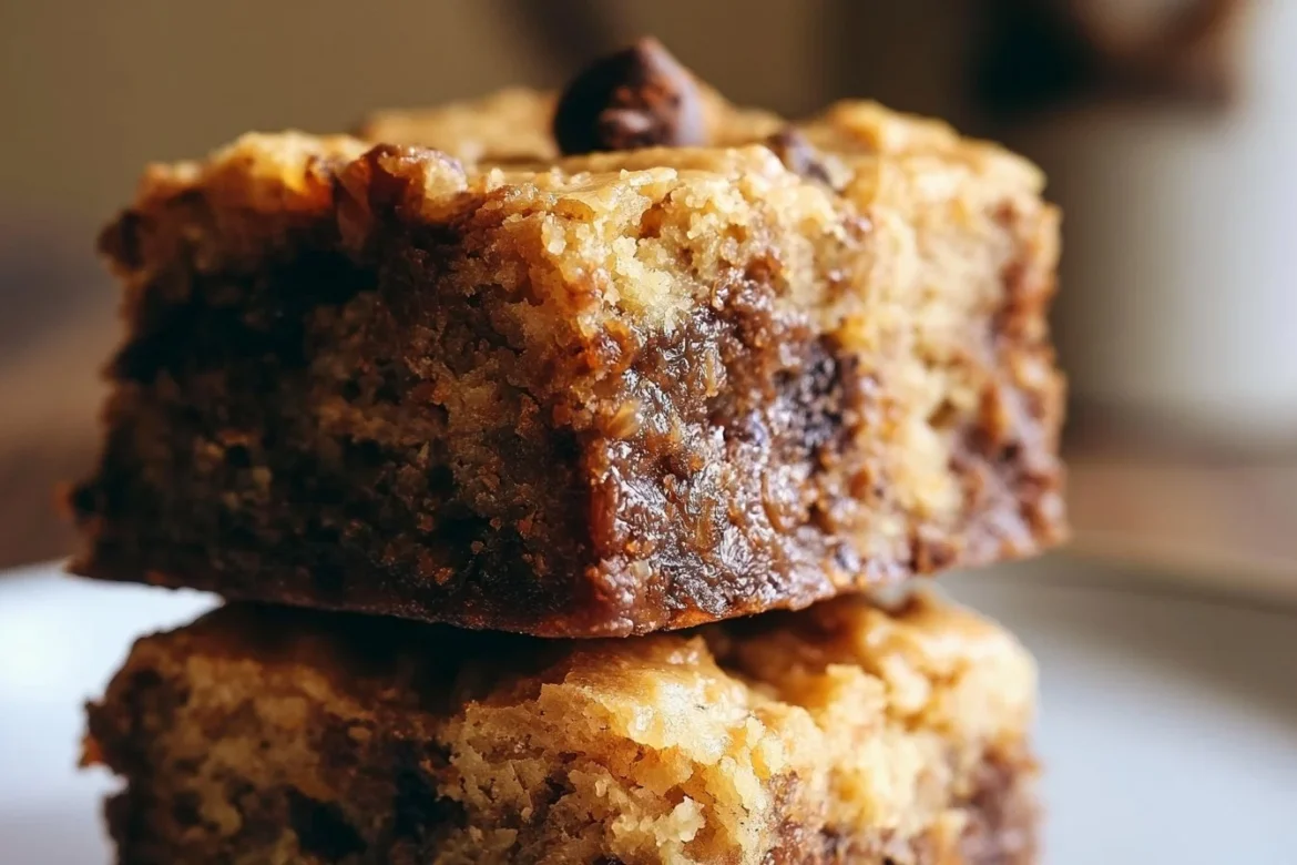 Delicious Greek Yogurt Blondie Brownies on a plate garnished with chocolate chips