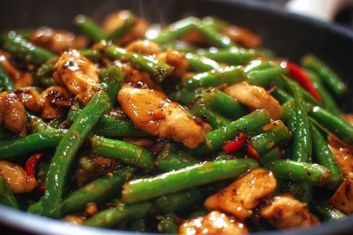 Green Bean Chicken Stir Fry featuring fresh vegetables and tender chicken pieces.