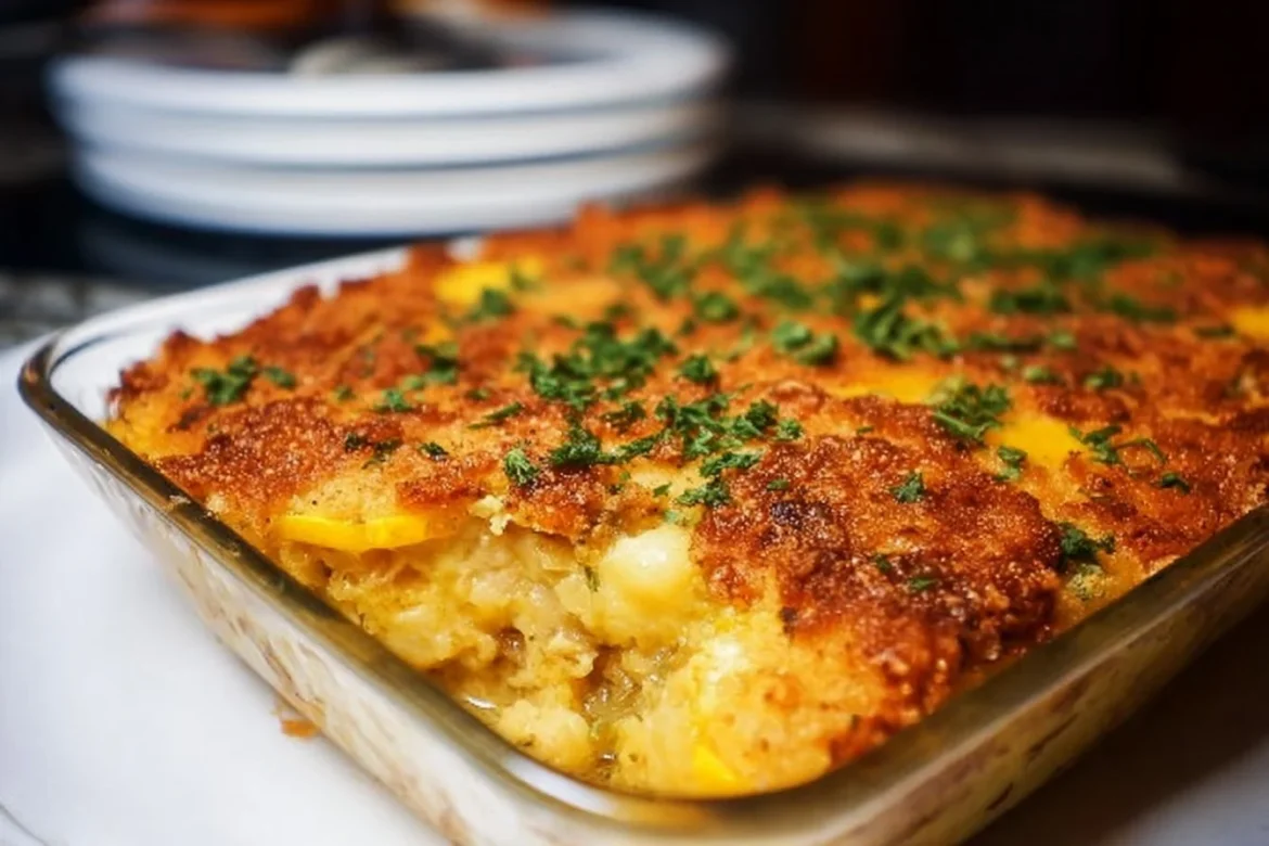 Delicious green chile yellow squash casserole served on a plate