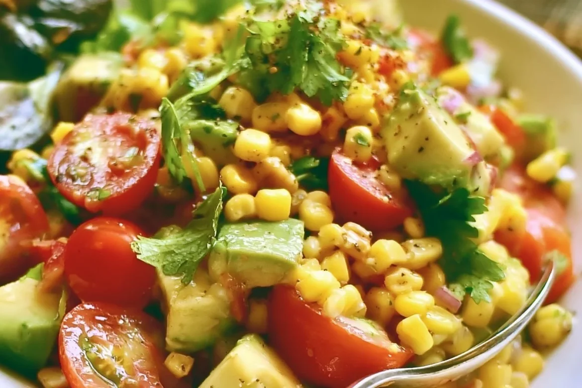 Delicious Grilled Corn Tomato Avocado Salad served in a bowl with fresh ingredients