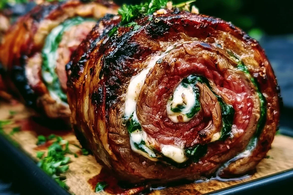 Grilled flank steak pinwheels filled with fresh herbs and vegetables