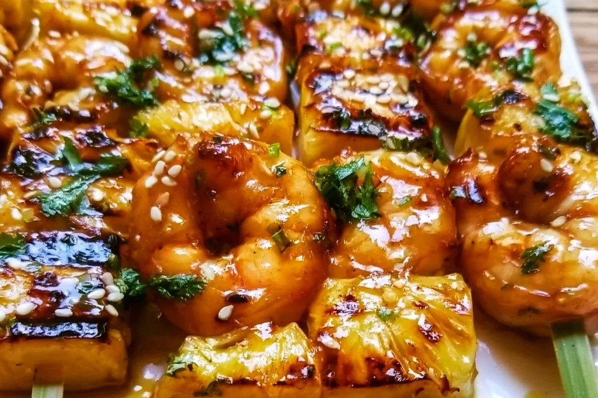 Grilled teriyaki shrimp and pineapple skewers ready to serve