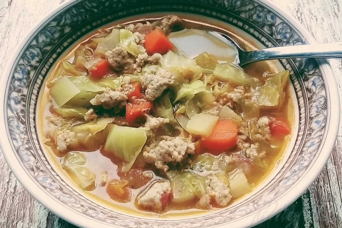 Delicious bowl of ground turkey cabbage soup with vegetables