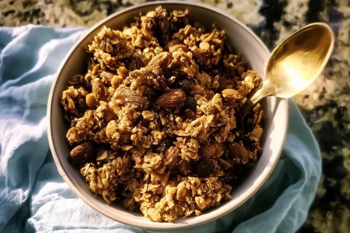 Bowl of healthy almond butter granola with nuts and fruits