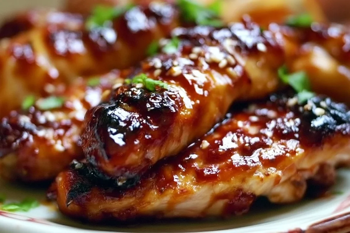 Delicious Hoisin Sriracha Chicken served with fresh vegetables and garnished