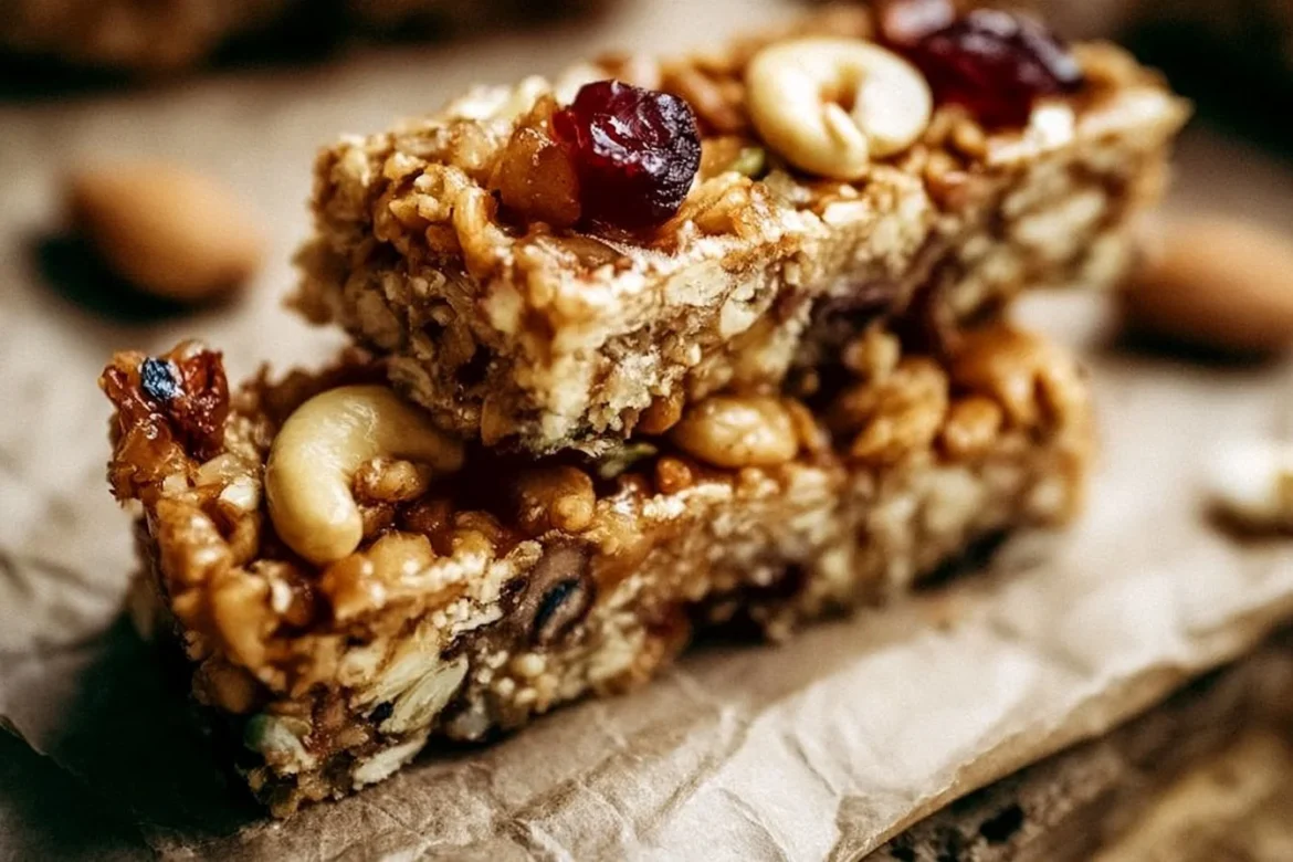 Homemade cereal bars made with oats, nuts, and honey on a wooden table.
