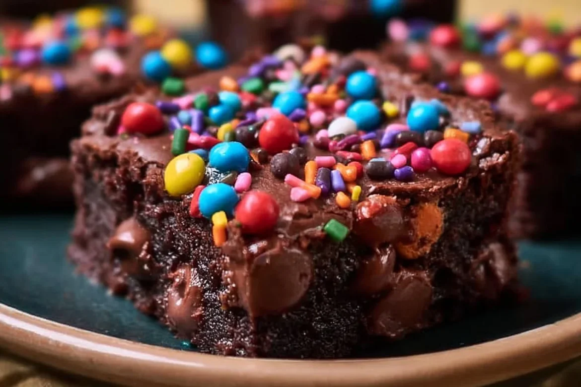 Homemade cosmic brownies topped with colorful sprinkles and chocolate frosting.