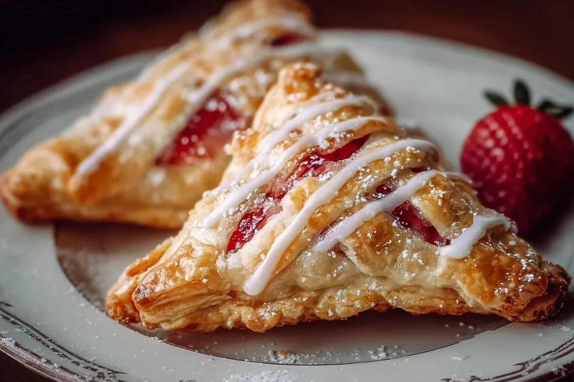 Freshly baked homemade strawberry rhubarb turnovers on a plate