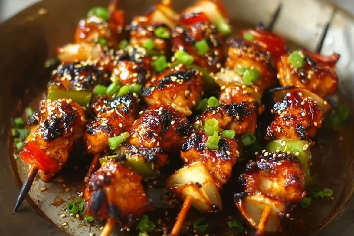 Delicious Honey Garlic Chicken Kabobs served on a wooden platter with fresh vegetables.