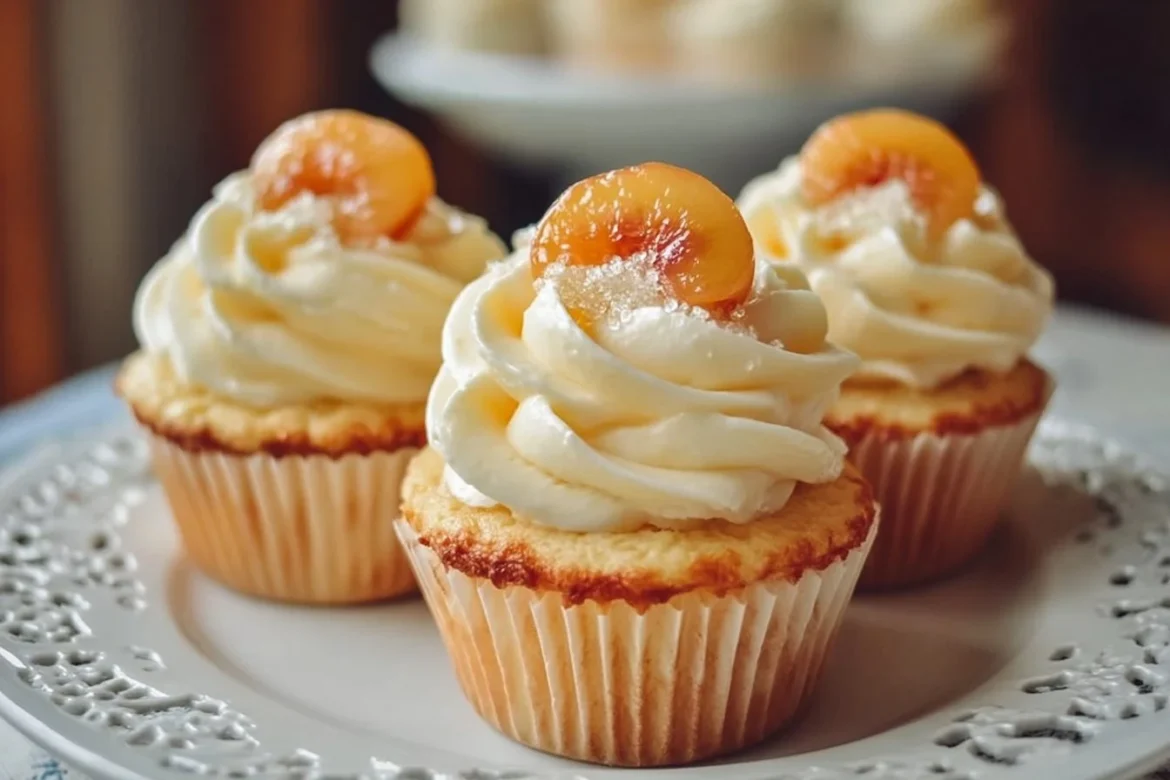 Delicious honey peach cream cheese cupcakes topped with frosting and peach slices.