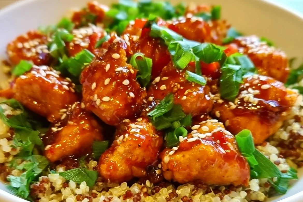 Delicious honey sriracha chicken quinoa bowl with fresh vegetables