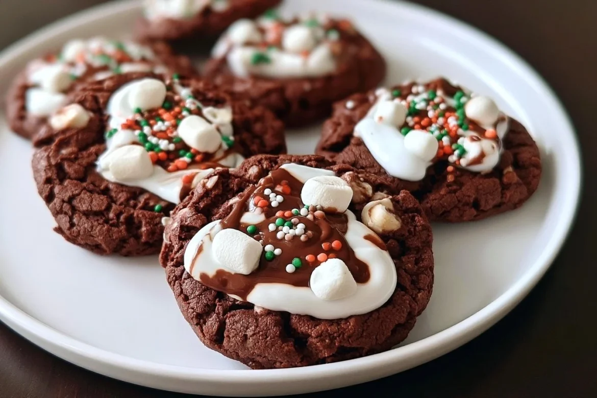 Decadent hot cocoa cookies topped with chocolate and marshmallows