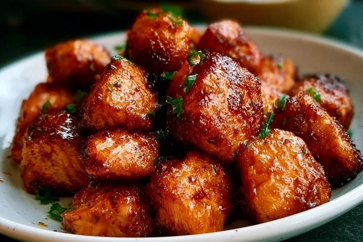 Plate of Hot Honey Salmon Bites garnished with herbs
