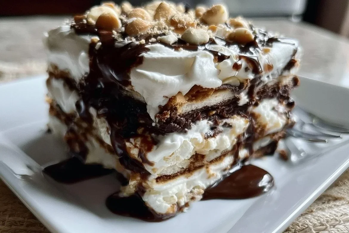 Delicious homemade Ice Cream Sandwich Cake served with chocolate and sprinkles