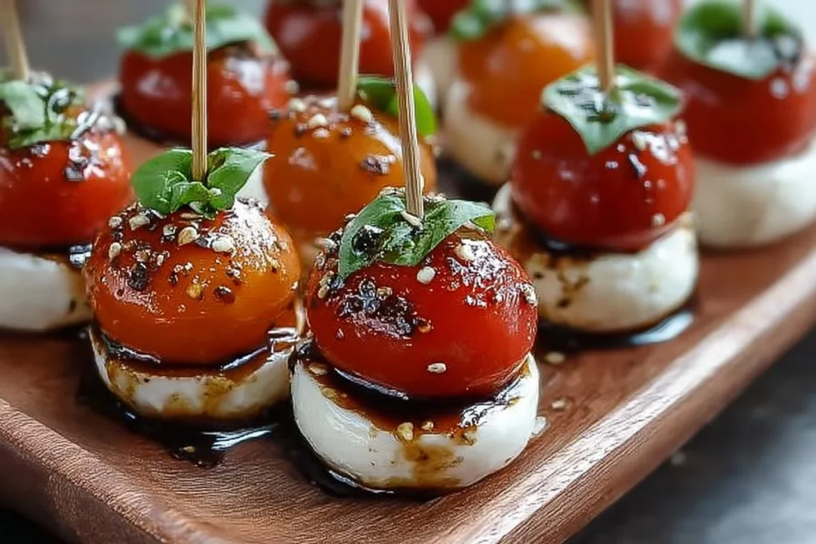 Fresh mini caprese bites with basil, mozzarella, and cherry tomatoes on a platter