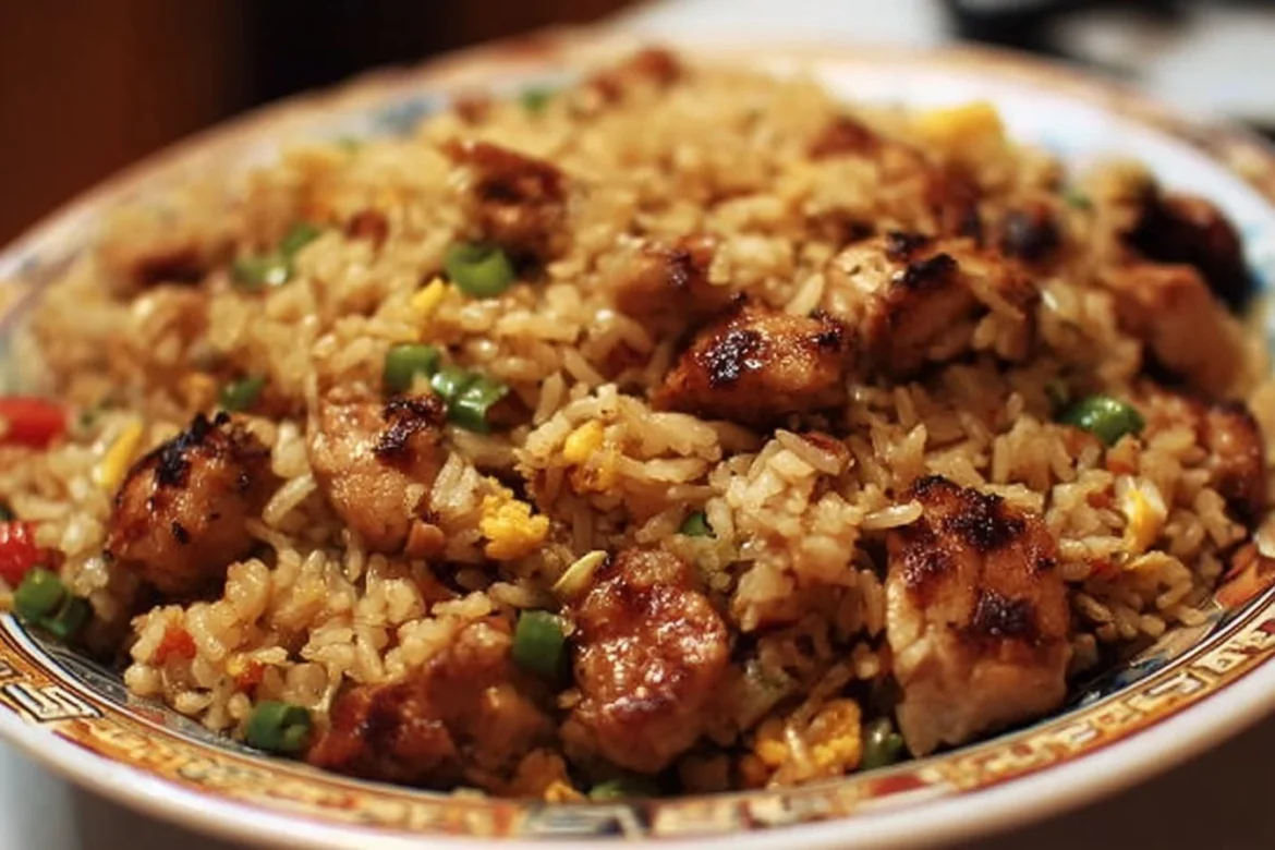 Plate of Japanese BBQ Chicken Fried Rice garnished with vegetables