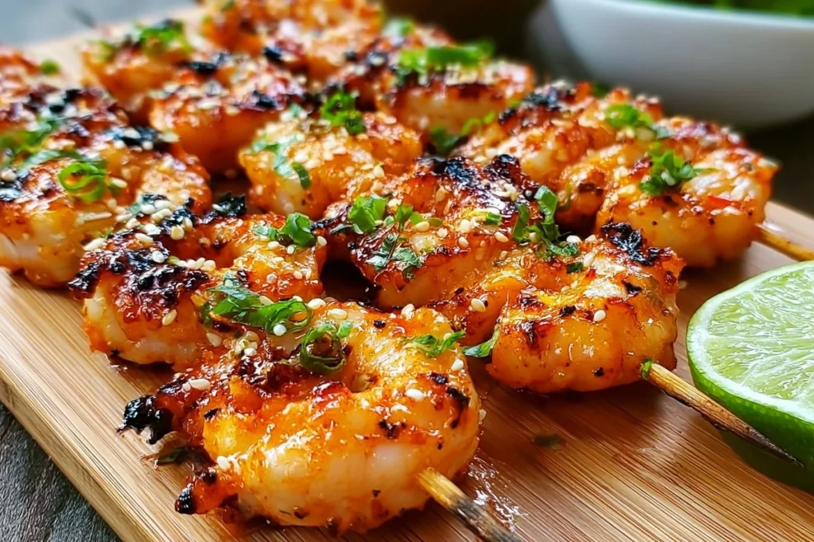Juicy Grilled Bang Bang Shrimp Skewers on a plate garnished with herbs.