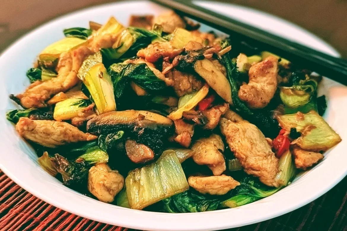 Keto Chicken Bok Choy Stir Fry on a plate, a healthy low-carb meal