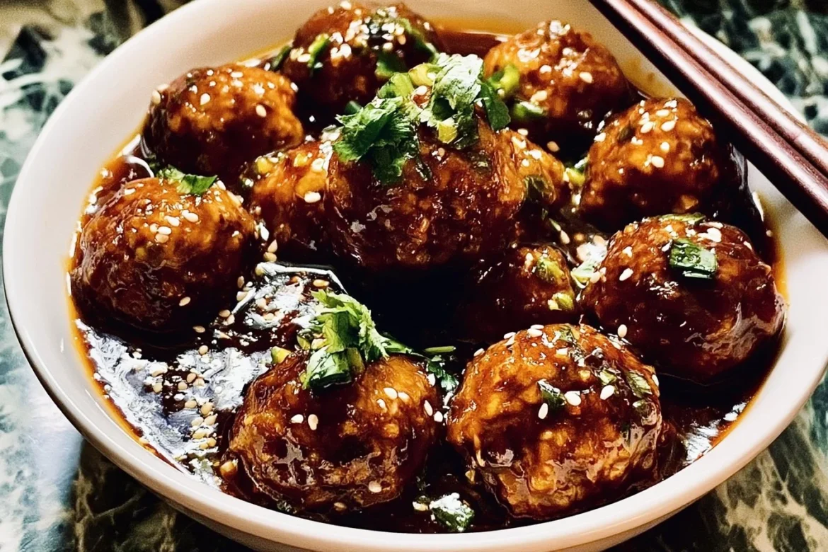 Korean BBQ meatballs served on a plate with dipping sauce