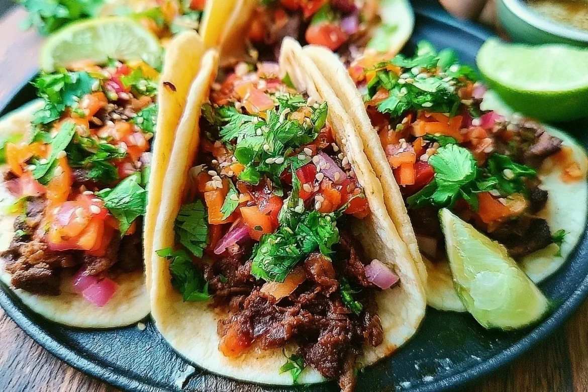 Delicious Korean Beef Tacos topped with fresh vegetables and spicy sauce