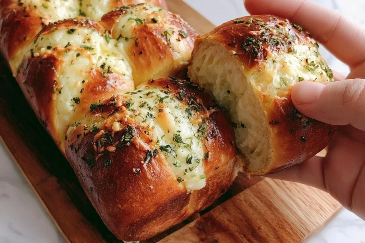 Delicious Korean cream cheese garlic bread topped with herbs and garlic.
