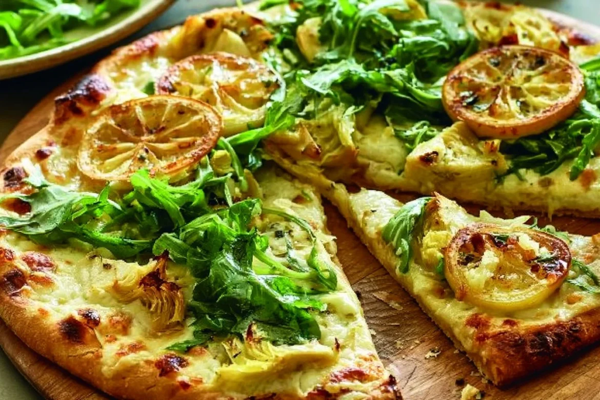 Lemon Artichoke Pizza with arugula, showcasing vibrant colors and fresh ingredients.