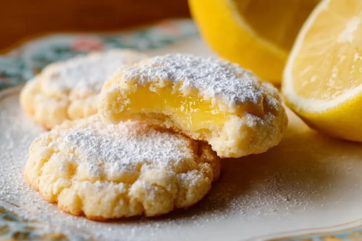 Freshly baked lemon bar cookies on a plate with a sprinkle of powdered sugar