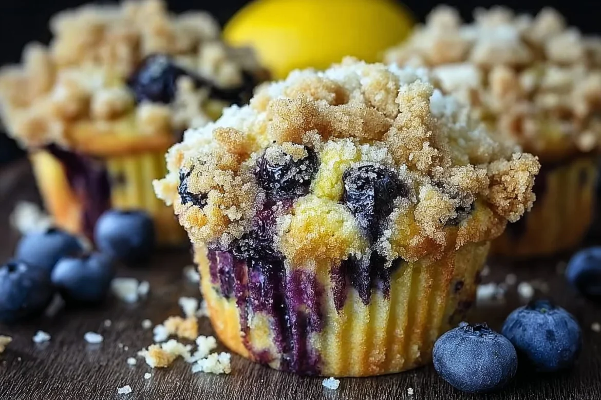 Lemon blueberry muffins with streusel crumb topping baked to perfection