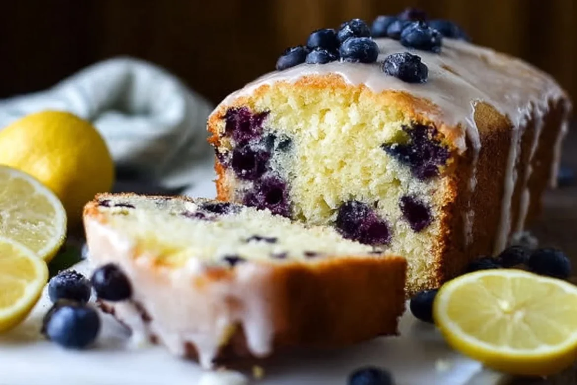 Delicious Lemon Blueberry Pound Cake with fresh blueberries and lemon zest.
