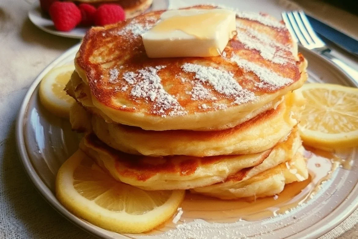 Stack of lemon Greek yogurt pancakes with fresh lemon and syrup