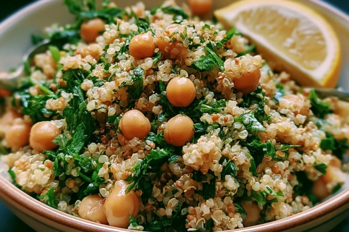 Bowl of Lemon Herb Quinoa with Chickpeas and fresh herbs on a wooden table.