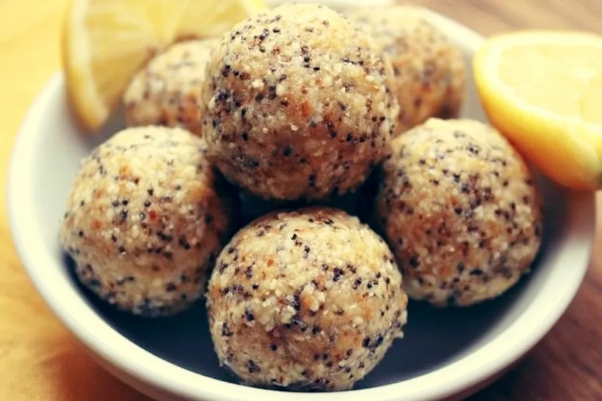 Lemon poppy seed energy bites on a white plate