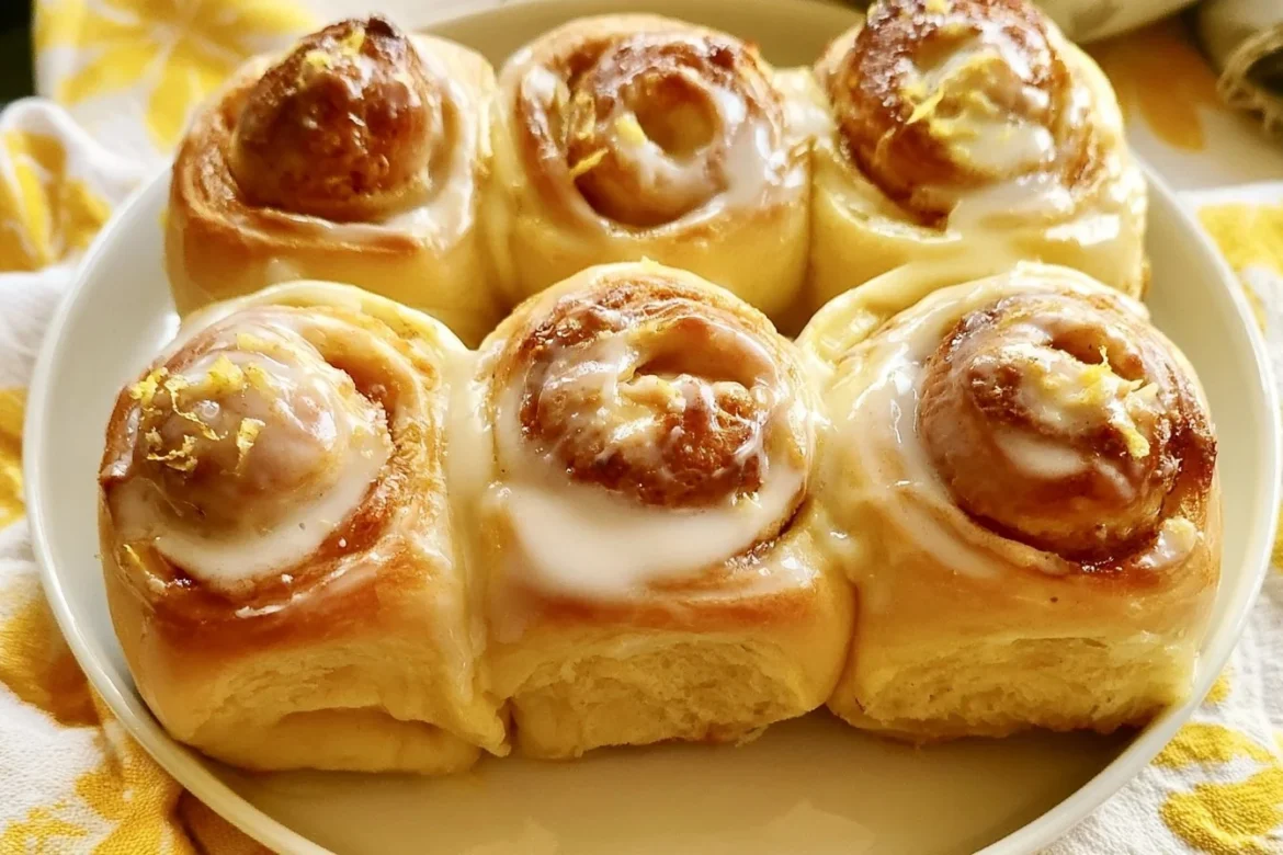 Freshly baked Lemon Sweet Rolls drizzled with lemon glaze